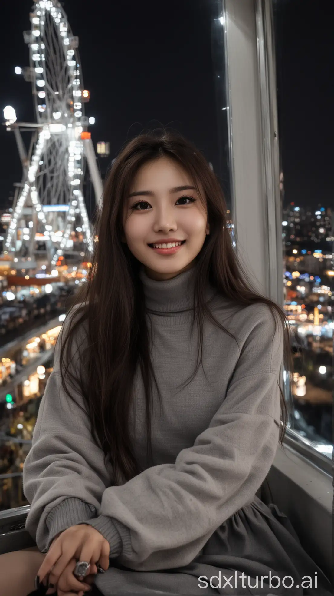 Beautiful-Chinese-Woman-on-Ferris-Wheel-in-Winter-Night-Smiling-with-Dark-Brown-Hair-and-Turtleneck-Outfit