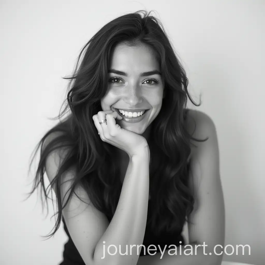 Portrait-of-a-Smiling-Woman-with-Wavy-Hair-in-Black-and-White