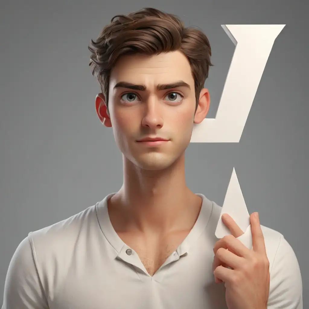 a handsome young man of 25 shows letter V in 3d animation