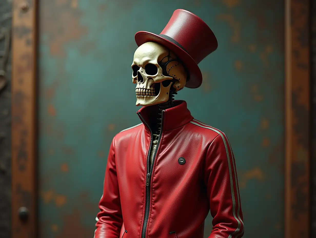 Create a high-resolution, realistic image of a robot with a skeletal body, red porcelain hands and head, a fashionable tracksuit, a -Top hat 4K resolution (Steampunk 8K quality)