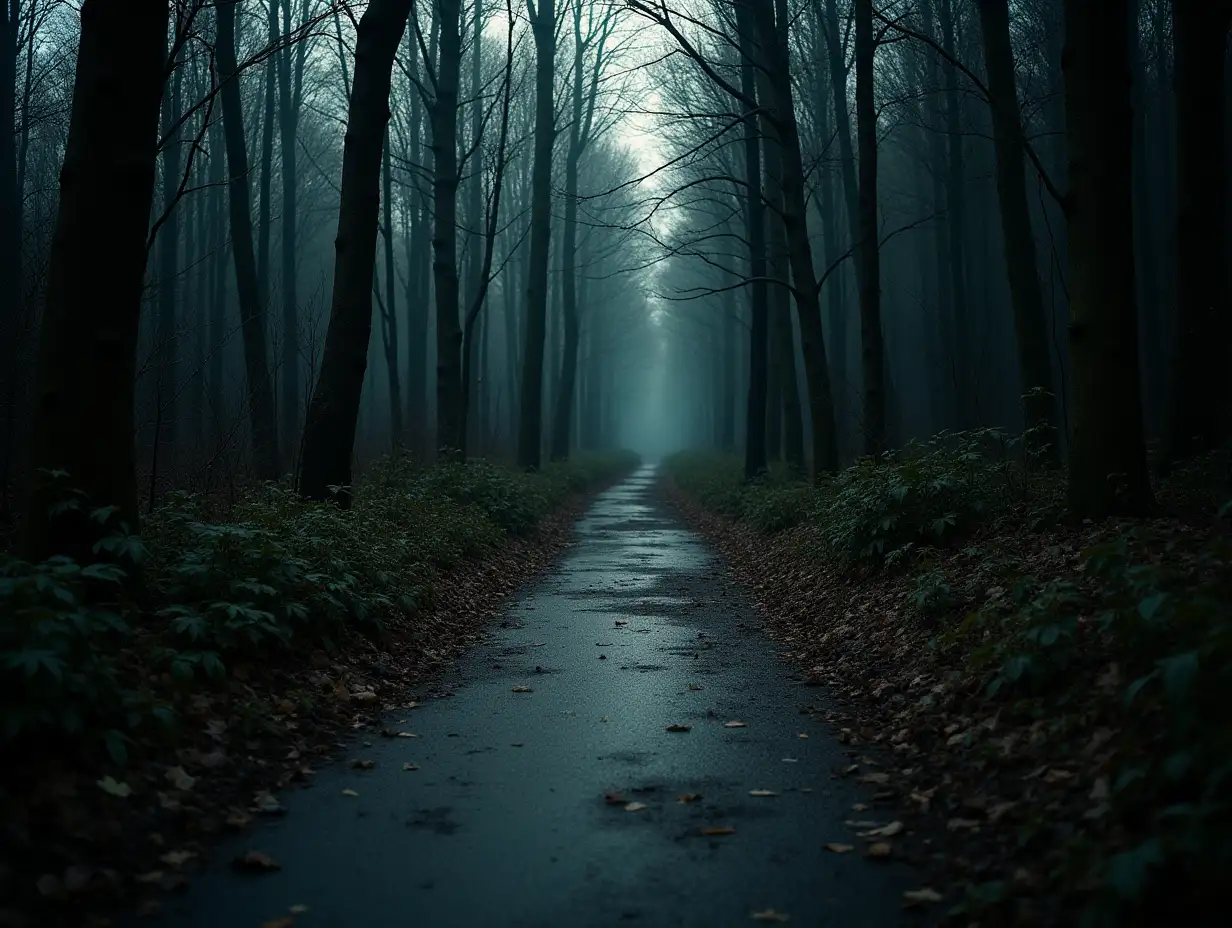 Low angle photograph of a pathway in a dimly lit, dilapidated forest. The scene has a gritty, urban feel, with shadows and muted colours enhancing the gritty atmosphere.