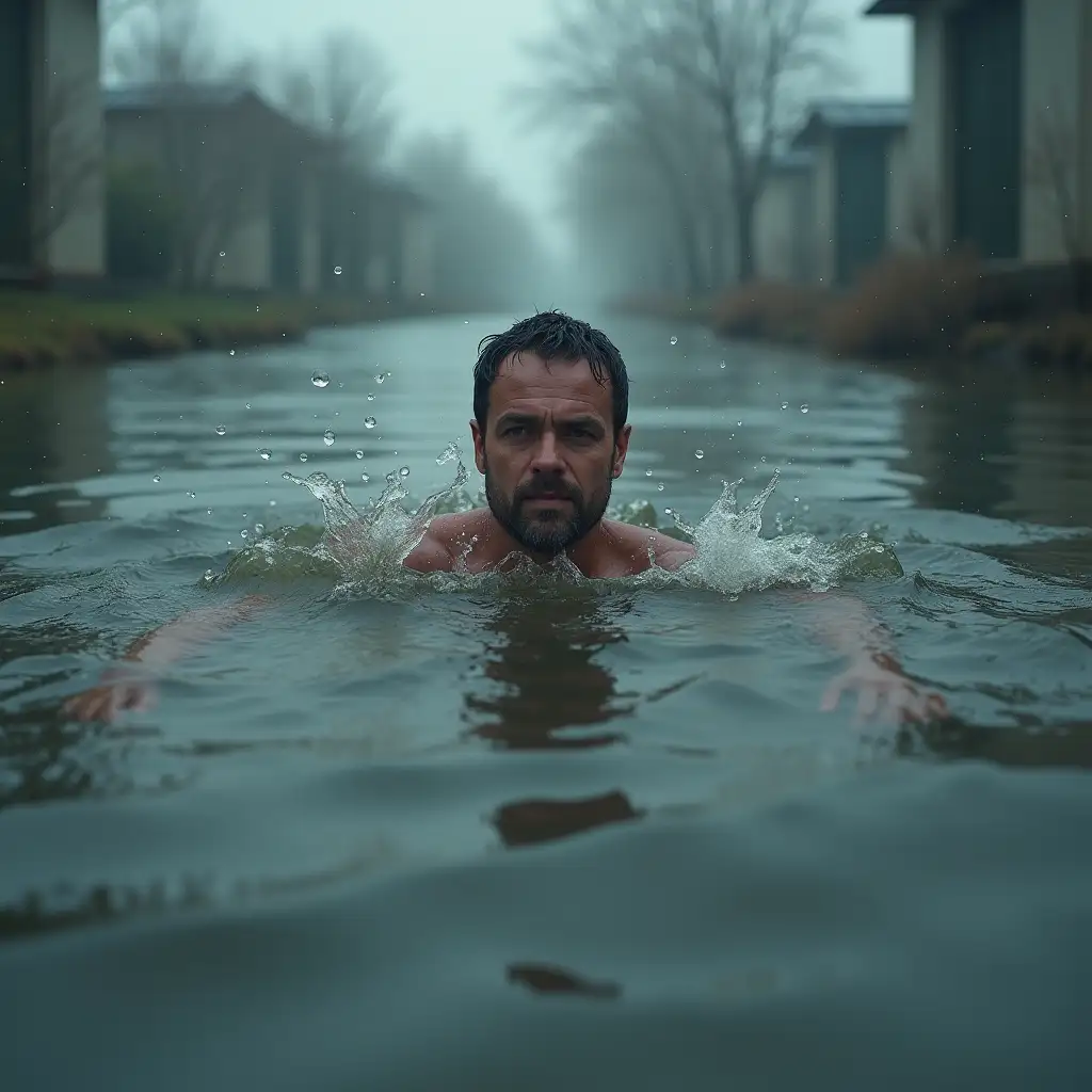 Create a realistic 3D image of a man drowning in a flood
