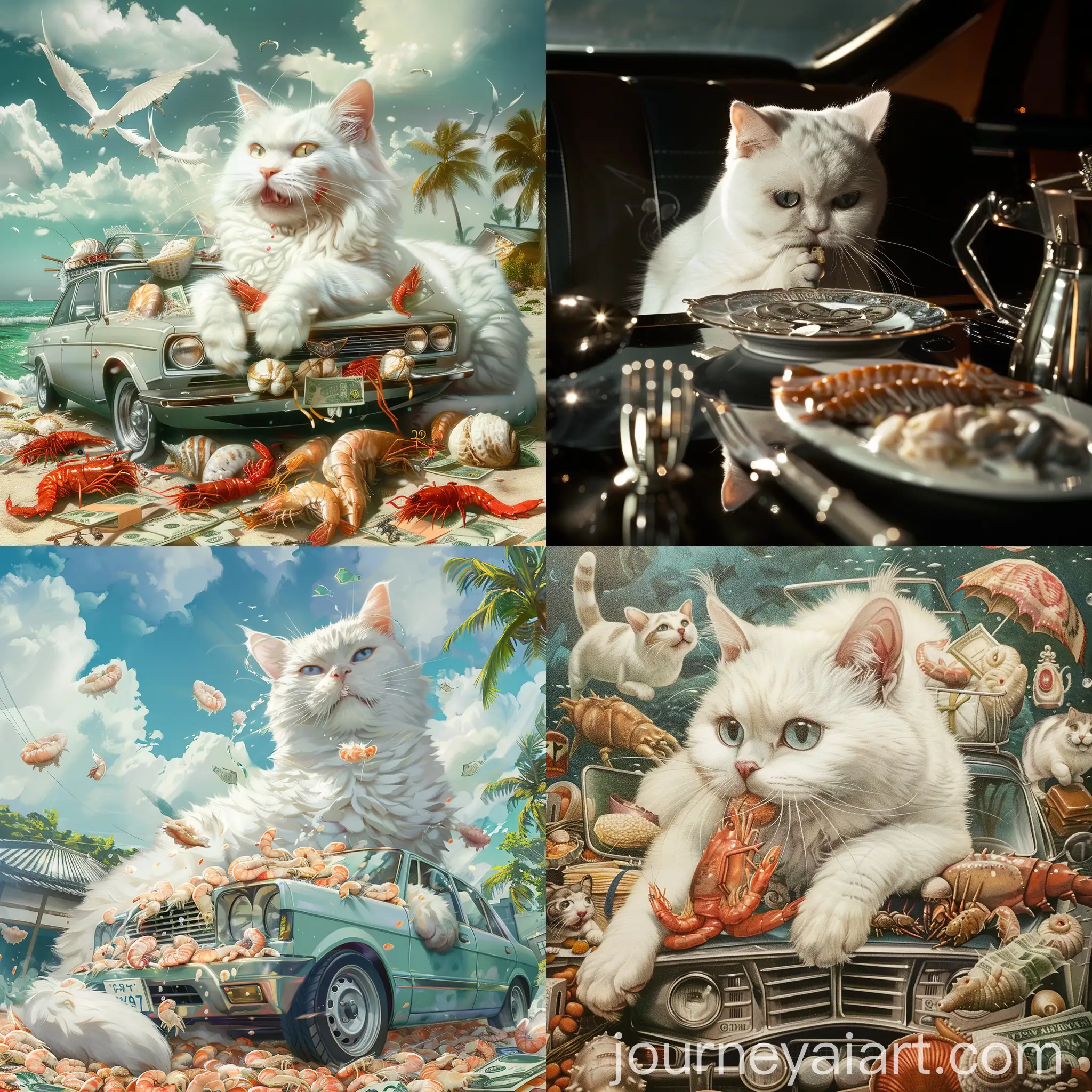 Luxurious-White-Cat-Eating-Seafood-with-Money-and-Fancy-Car