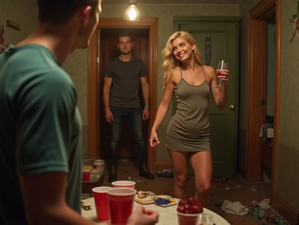 the atmosphere of a party with poor decoration and mess, plastic cups on the table. A clumsy, slightly disheveled blonde girl in a short dress and heels, with a naive happy expression, awkwardly holds a glass. A tall arrogant swarthy young muscular man in a stylish t-shirt, stands at the door, attracting her attention with his appearance, and Julia stretches a smile, looking at him with a dreamy gleam in her eyes. The atmosphere of merriment and poverty.