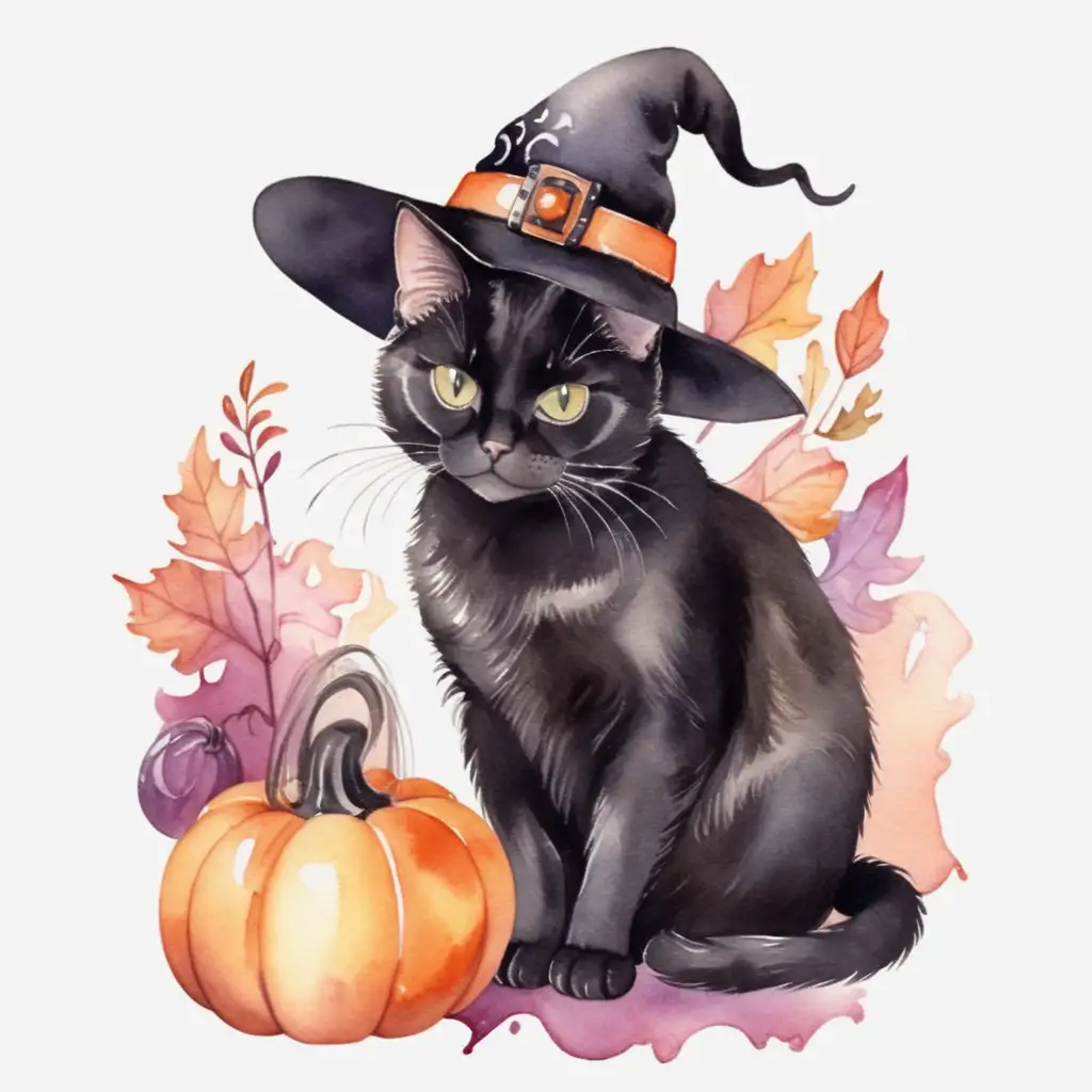 Adorable Watercolor Halloween Black Cat in Witch Hat