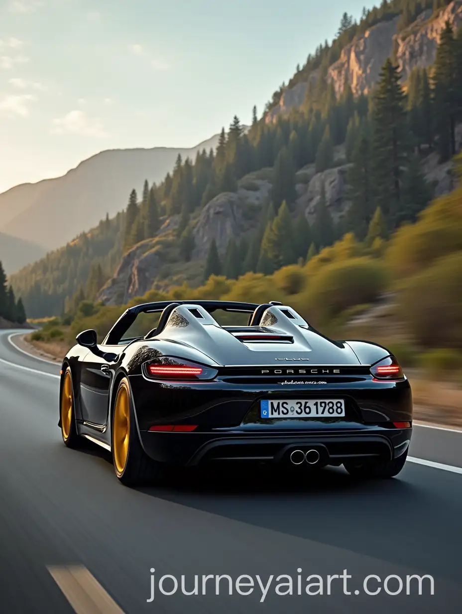 Black-Porsche-718-Spyder-with-Yellow-Accents-Driving-on-a-Scenic-Road