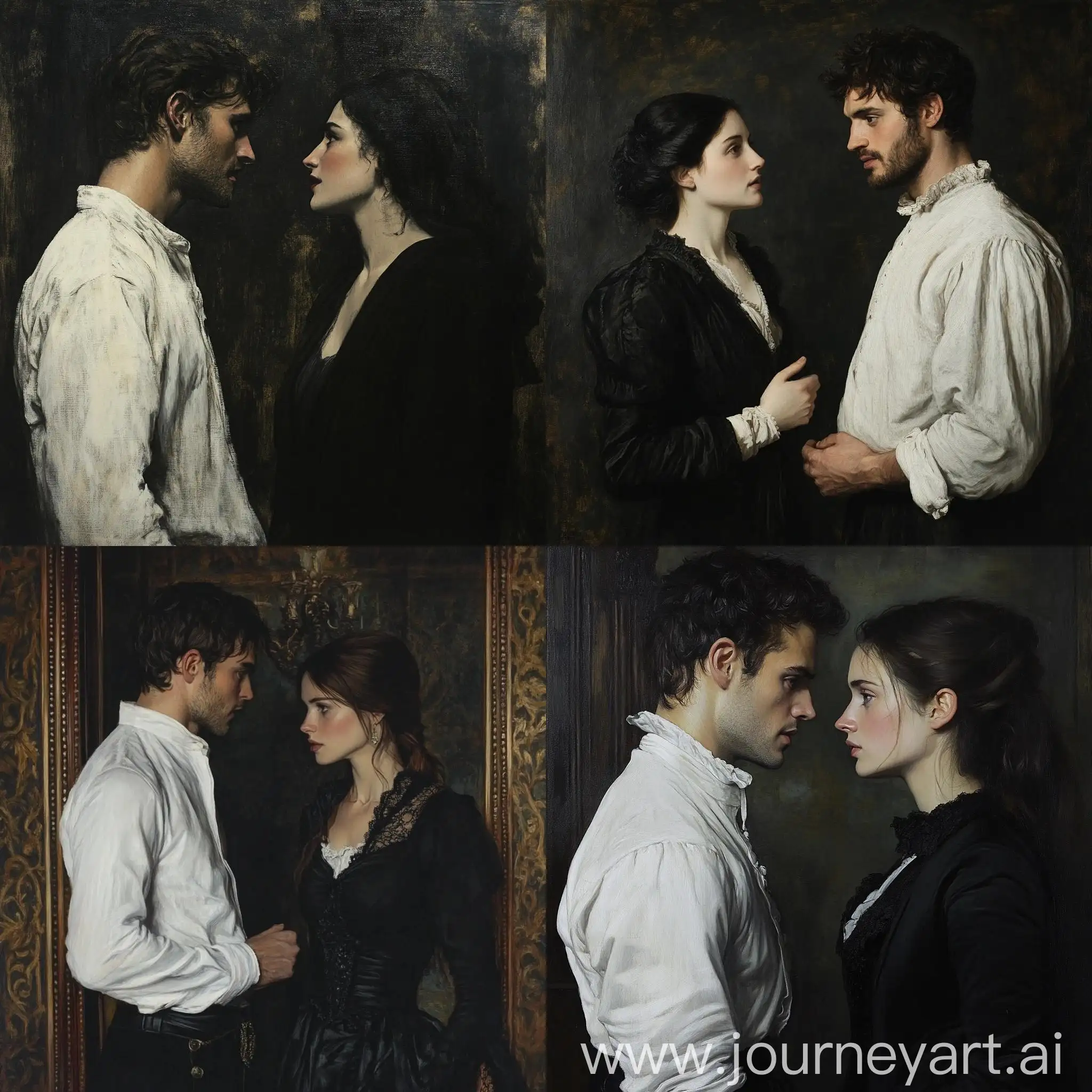 Contemplative-Moment-Man-in-White-Shirt-and-Woman-in-Black-Coat-Gazing-at-Each-Other