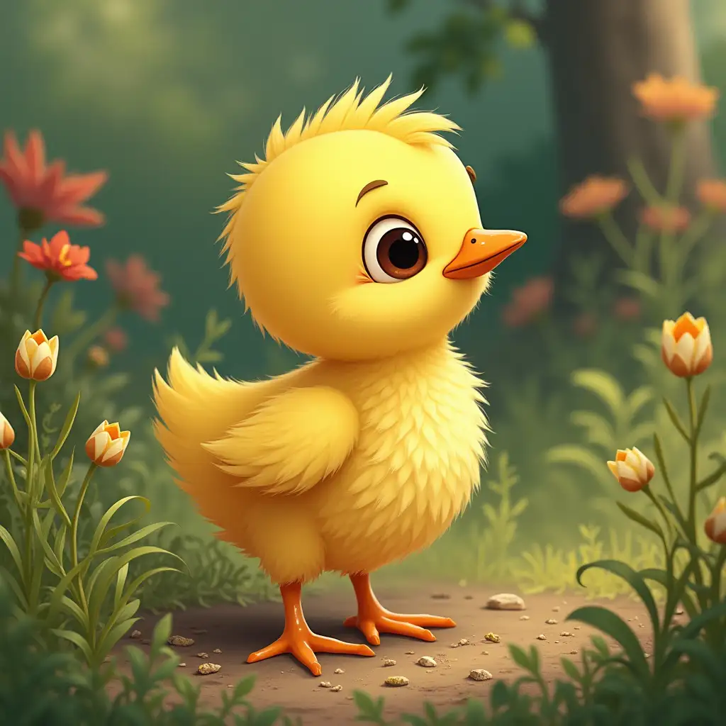 The yellow chick left the nest and played in the garden.