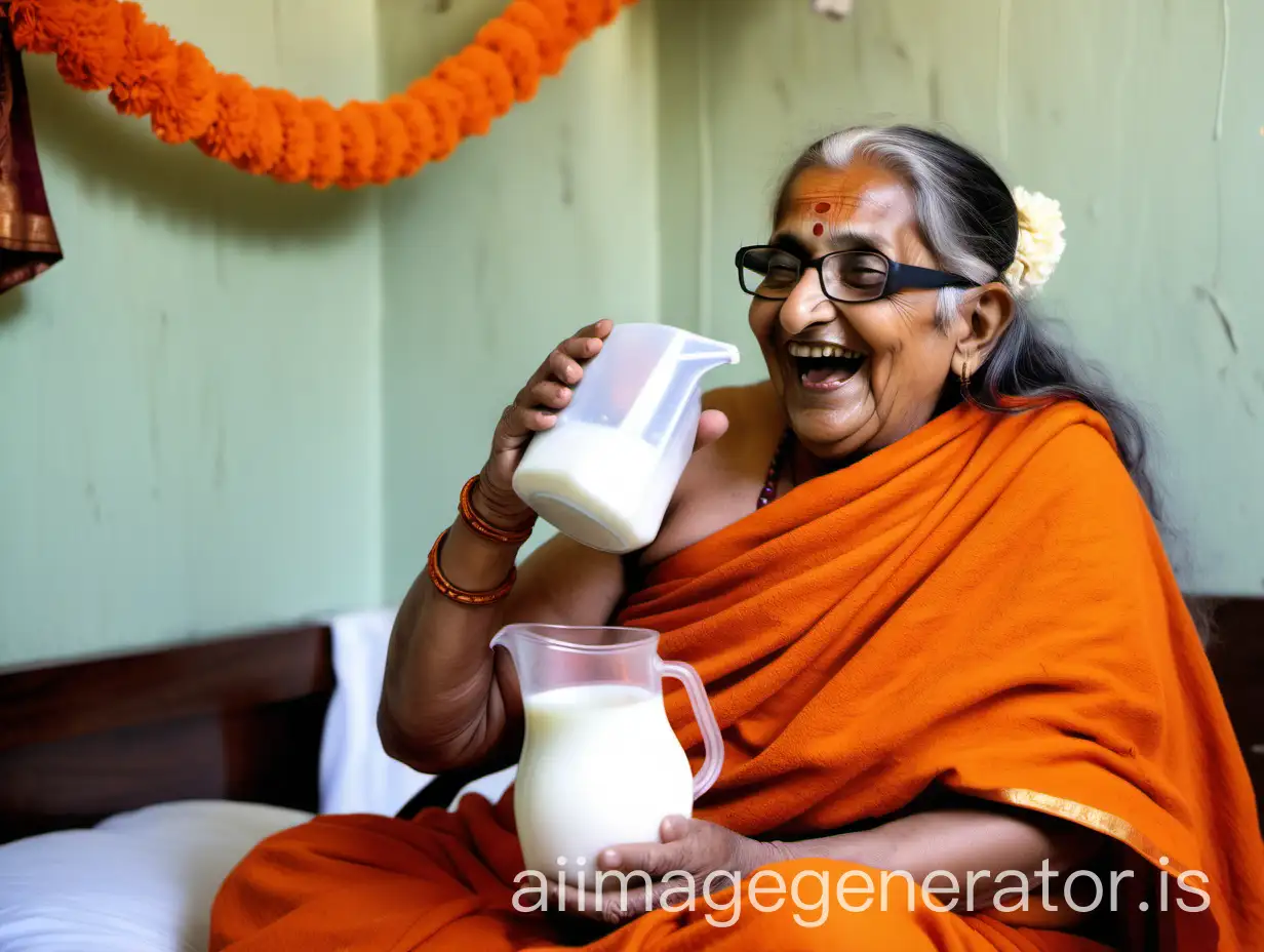 a Indian Hindu woman monk fat mature curvy with make up having age 75 years old , with long hairs , she is wearing a power spectacles, she is drinking milk holding a milk jug , sitting on a bed  with a goat in a room  , , she is wearing a orange garland and a bath towel she is happy and laughing