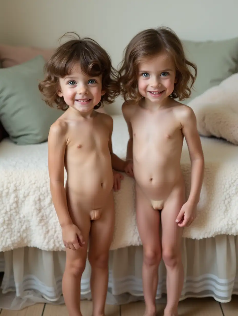 Two very skinny little happy girls.  Short wavy brown hair. Blue eyes. Bare shiny skin, no shirts, long skinny legs, bare feet. In a playroom. A daybed with fluffy pillows is behind them. Posing with a shy smile. Legs visible.