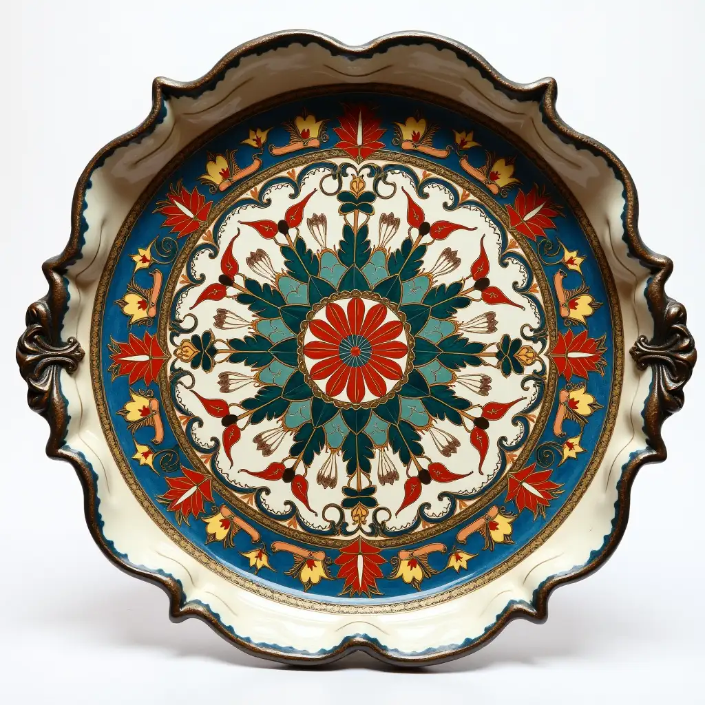 Ruffled edge circle ceramic tray with embossed beautiful handle,Underglaze painting on white body、 Fine art, Hyper detailed, Antique and old, Qajar art, Iranian Tabriz carpet design