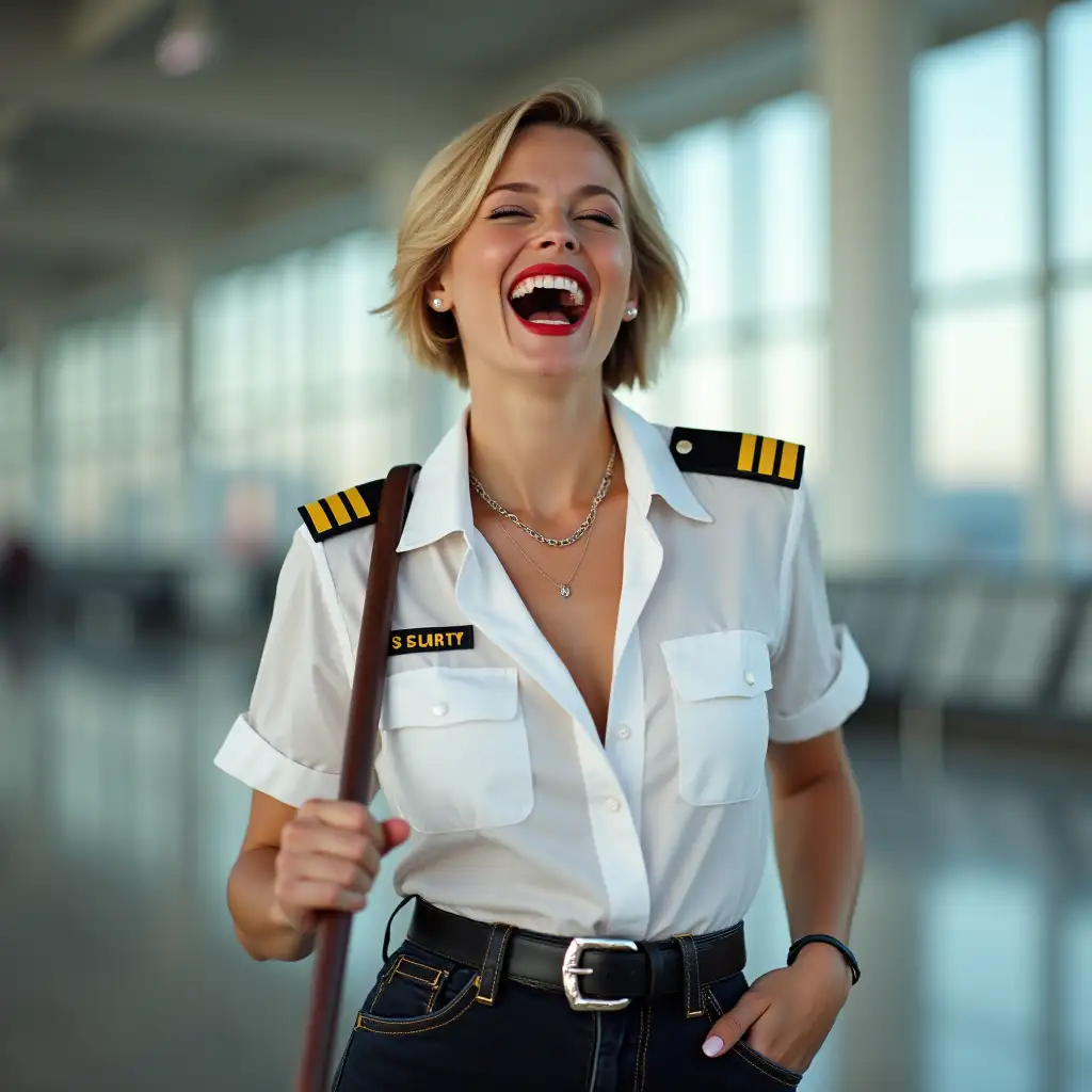 norvegian screaming pilot lady , in white deep-necked airport security shirt, laughing with her mouth open, red lipstick accentuating her smile,belt on waist, big wide hips, chest are fully grown, jewerly, short hair, HD, holds long riding crop, photo-realism, enjoying on airport