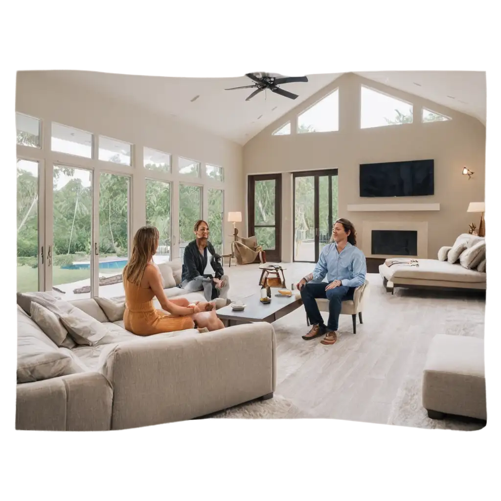 make a picture of a couple sitting inside a beautiful, open floor plan Florida house