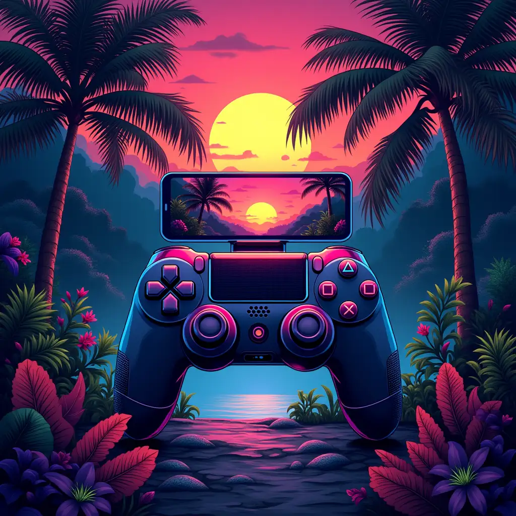 A futuristic gaming controller with a built-in screen displaying a tropical sunset scene. The controller is surrounded by lush jungle plants, palm trees, and vibrant foliage, blending gaming and nature in a colorful, artistic design. Alcohol Ink and neon