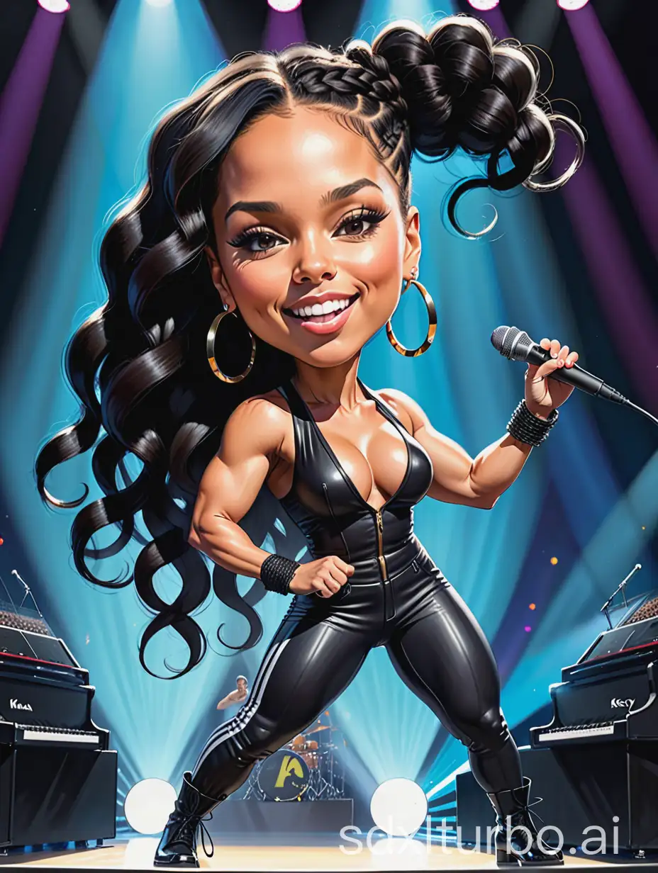 Caricature of Alicia Keys,  braided black hair,  performing on a (((massive stage))), with exaggerated features and expressions that convey her dynamic personality, perfectly capturing the essence of her electric live performances, full body.