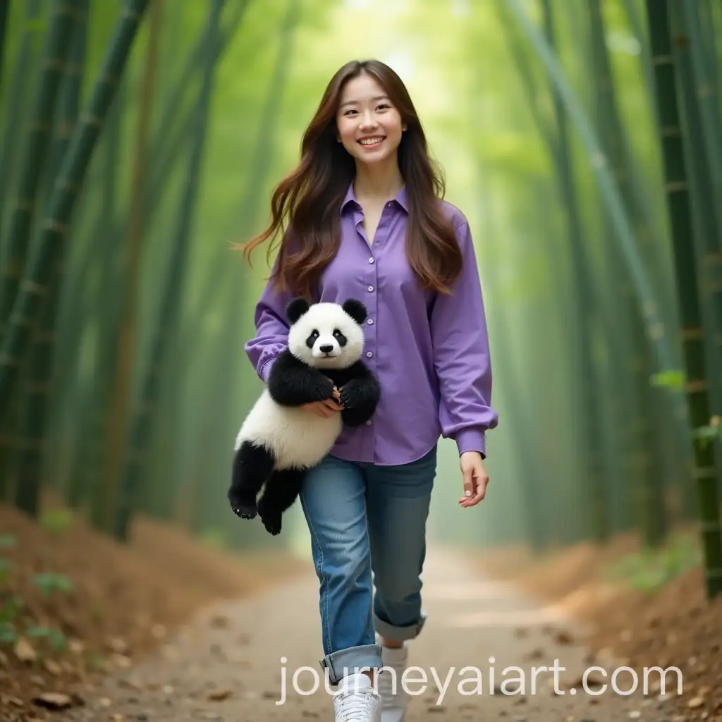Happy-Korean-Girl-Walking-in-Bamboo-Forest-with-Panda-and-White-Sneakers
