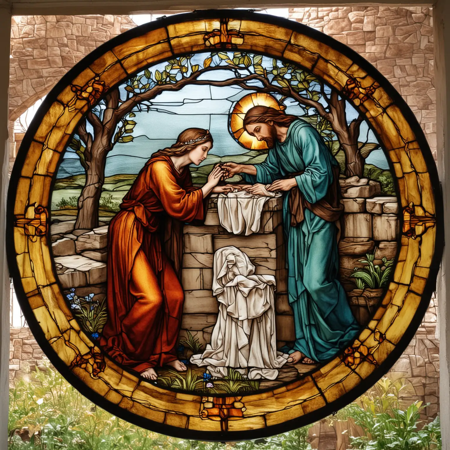 Jesus Christ Comforting the Woman at the Well in Stained Glass Art