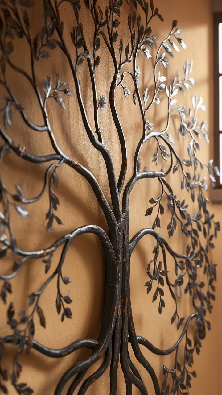 A detailed, close-up shot of a wrought iron Tree of Life wall art piece. The tree has intricate branches reaching outwards, with leaves depicted in a delicate, swirling pattern. The iron is dark, almost black, with subtle hints of rust for a vintage feel. Soft, natural light from a nearby window highlights the texture of the metal. The background is a blurred, warm beige wall. Style: Photorealistic, detailed, high-resolution