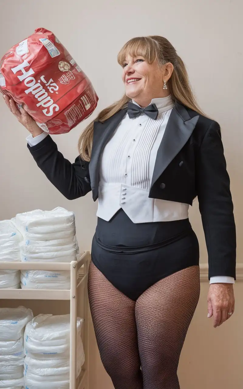 MiddleAged-Caucasian-Woman-in-Formal-Tuxedo-Holding-Huggies-Diapers-in-Nursery