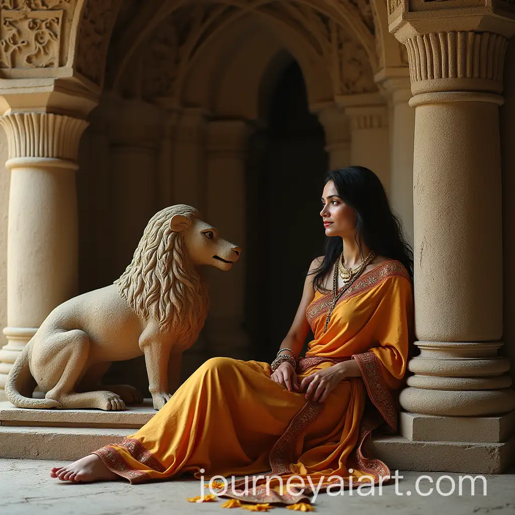 Beautiful-Kurdish-Woman-in-Saree-at-Tantric-Temple-with-LionGoat-Sculpture
