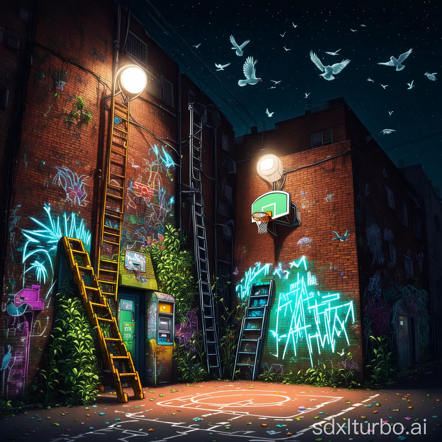 Urban-Basketball-Court-with-Graffiti-and-Street-Art-at-Night