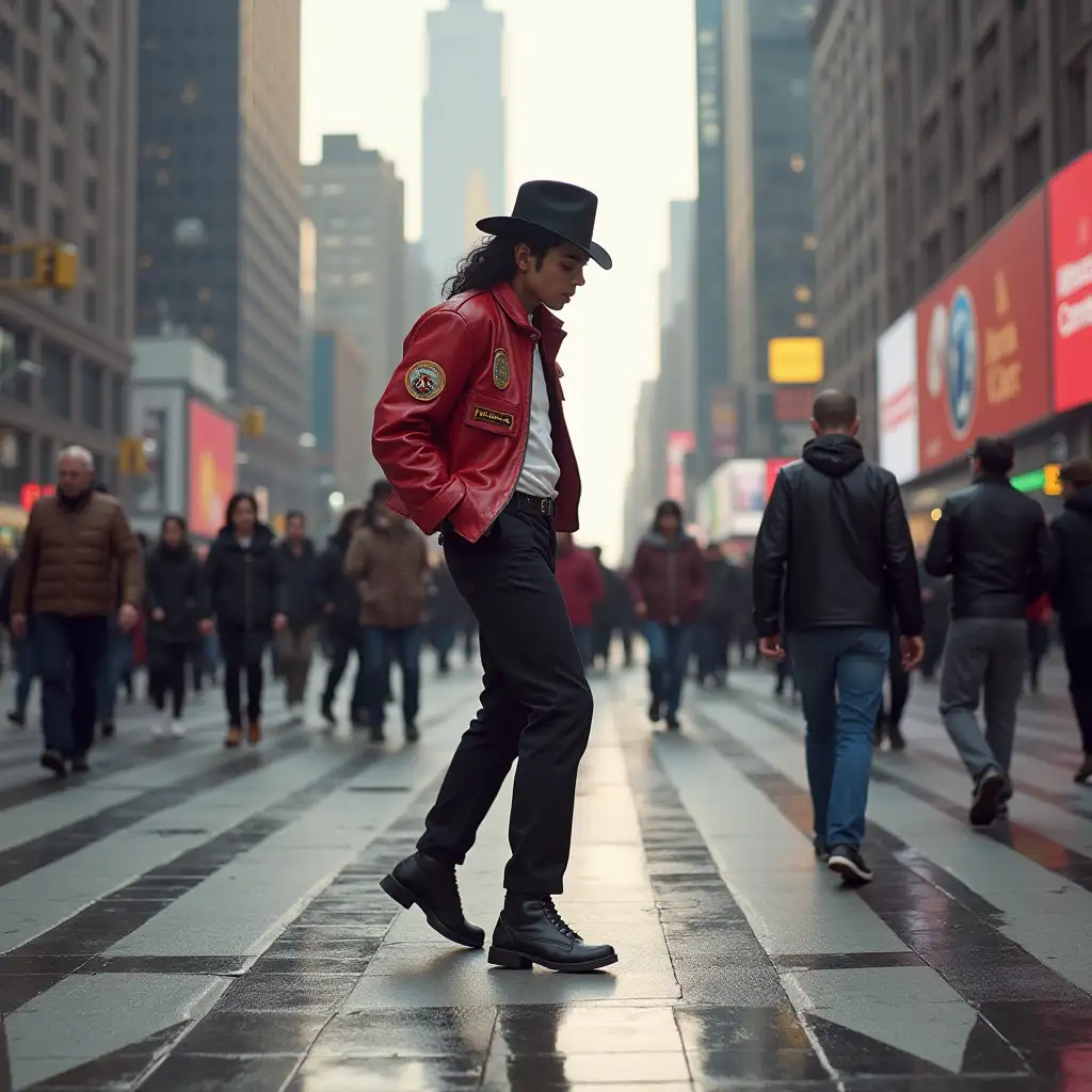 Michael Jackson dances moonwalk in the center of megapolis. People passing by, not stopping