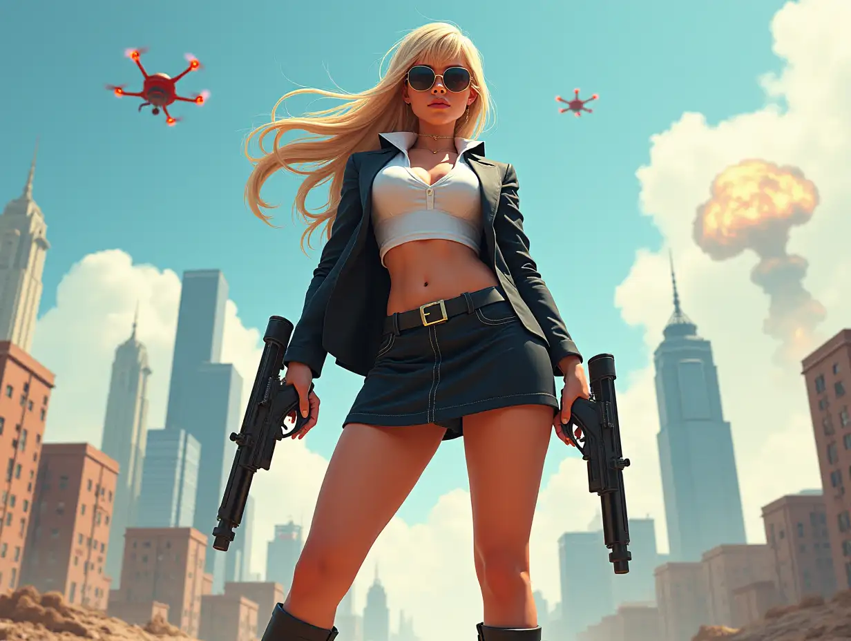 Wide-angle digital painting, (Beautiful large breast woman in stylish school uniform, combat boots, very extreme midriff showing, short skirt, and sunglasses : 1.3), Triangular composition, Dynamic full-length pose, Confident expression, (Armed mercenary: 1.3), Gun grip, Supporting pose, City background, Skyscrapers in the distance, nuclear explosion in extreme distance, two small targeting drones above, (Bright sunlight: 1.2), Sharp contrasts, Bold colors, Clear details. female mercenary in cool cyberpunk style in colorful fantasy style, realism, post-apocalyptic landscape, cartel, bald rod, oil painting, rod Nostalgia, strong emotions, low angle, high detail, sharp focus