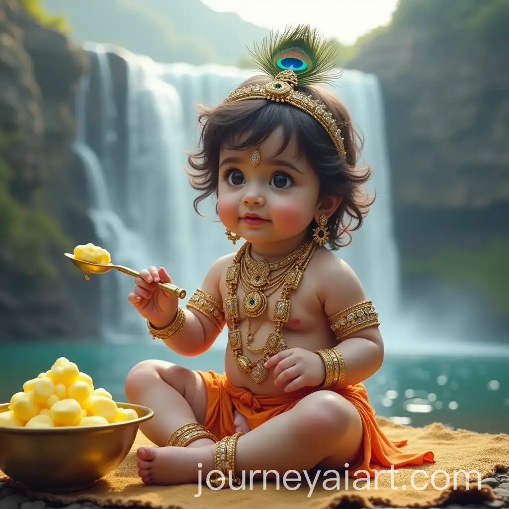 Krishna-Baby-Boy-Sitting-with-Butter-and-Flute-at-Waterfall