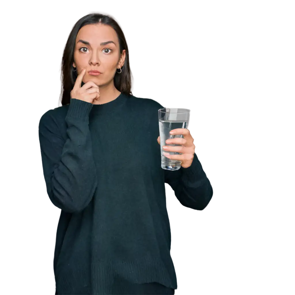 PNG-Image-of-a-Person-Holding-a-Glass-of-Water-with-a-Doubtful-Expression