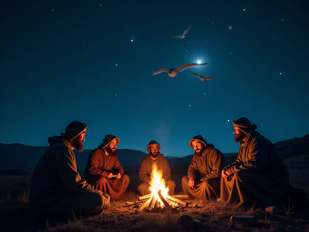 shepherds sitting around a fire in a starry night looking up in amazement as Angels cerebrate in the sky