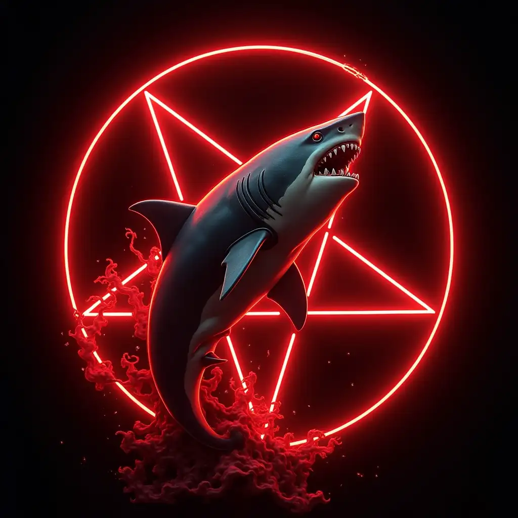 logo, a shark jumps out of the Flame of Hell, in the background a red neon pentagram of Baphomet