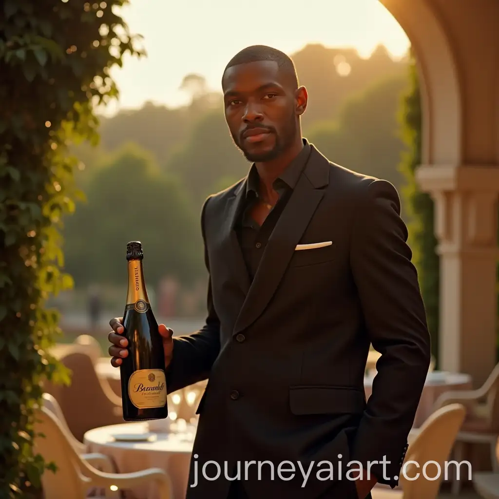 Confident-Young-Black-Man-in-Black-Suit-at-Elegant-Outdoor-Brunch-with-Champagne