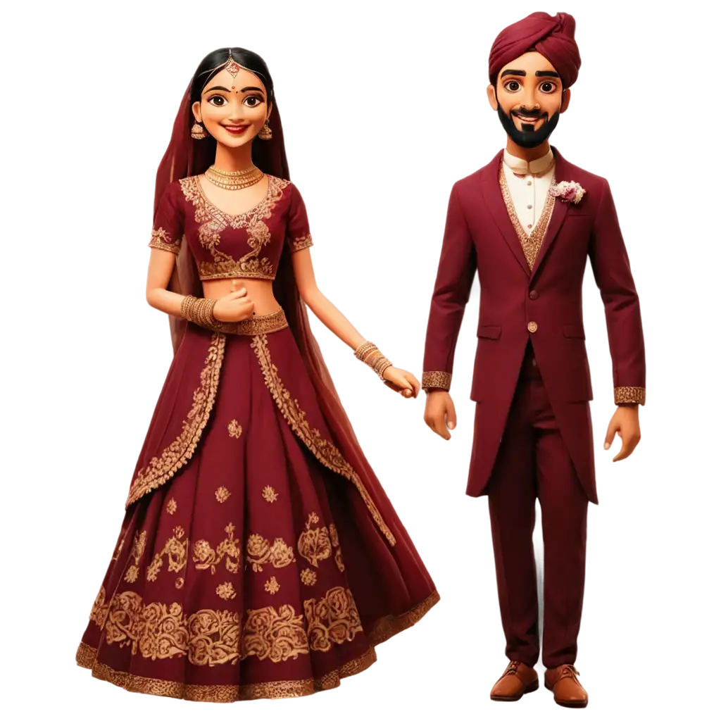 Indian-Wedding-Couple-Cartoon-PNG-Bride-in-Maroon-Lehanga-Groom-in-Maroon-Tuxedo