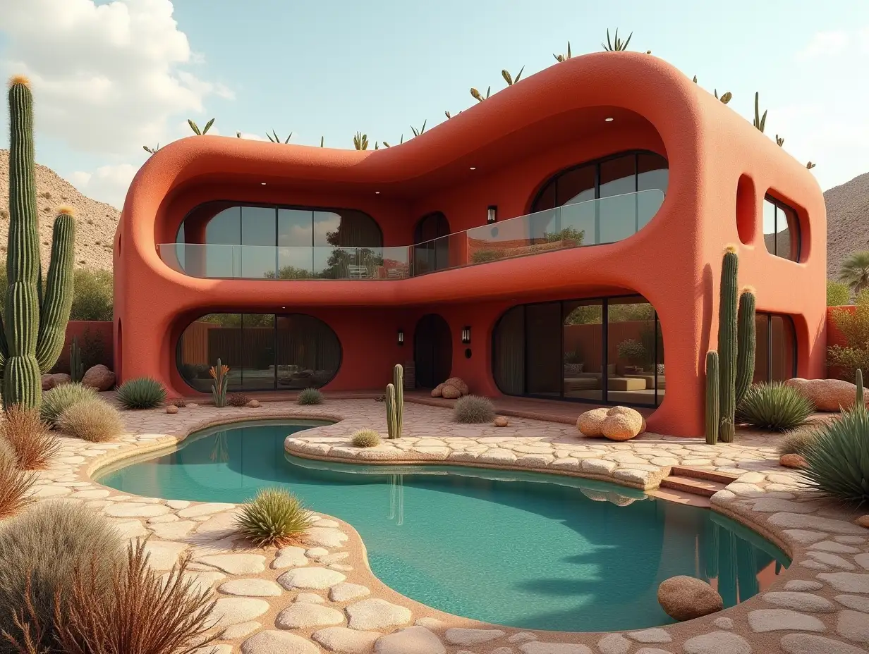 Curvilinear three-story house with pond in the desert in red-with plaster, the roof is overgrown with plants in the form of plant ornaments, large windows with glass for, curved smooth window shapes, winding big entrance stairs, cacti, rocks complex curved roof, light shades.