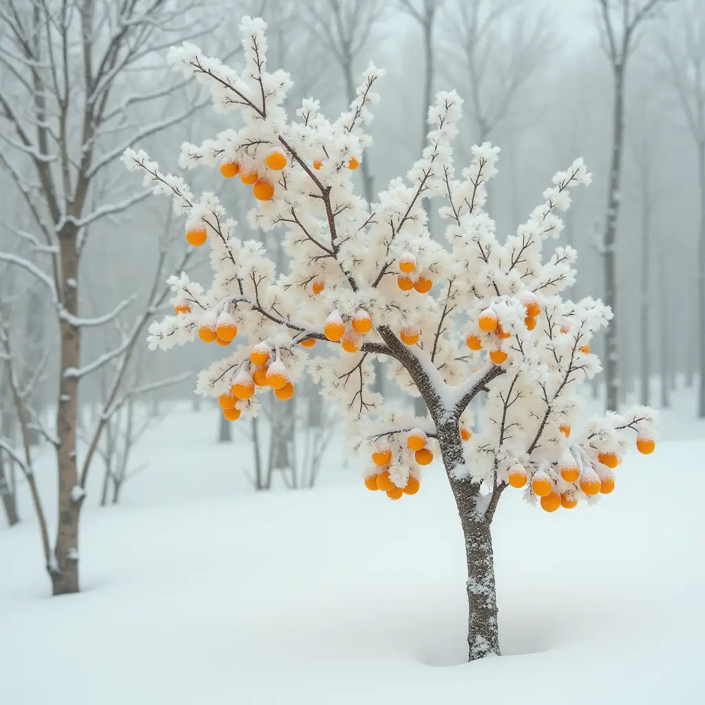 White oranges grow on birch, in the desert, snow