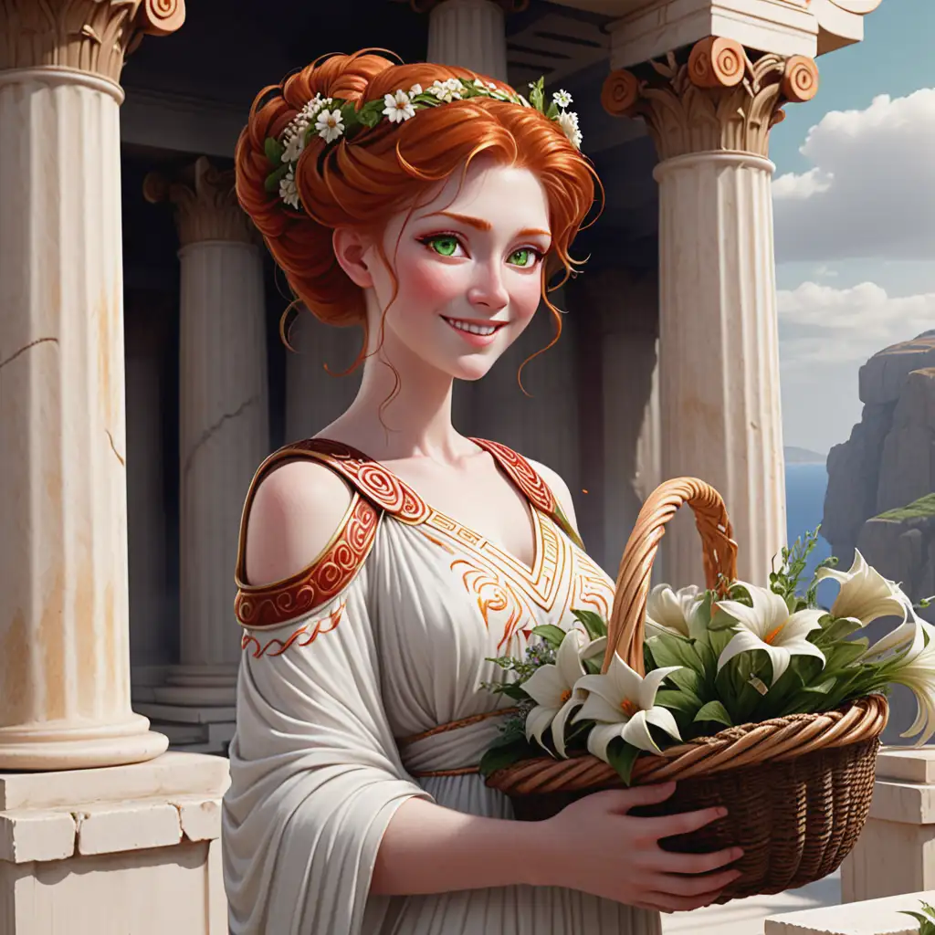 Priestess of Hestia with Basket of Flowers in Greek Temple Garden