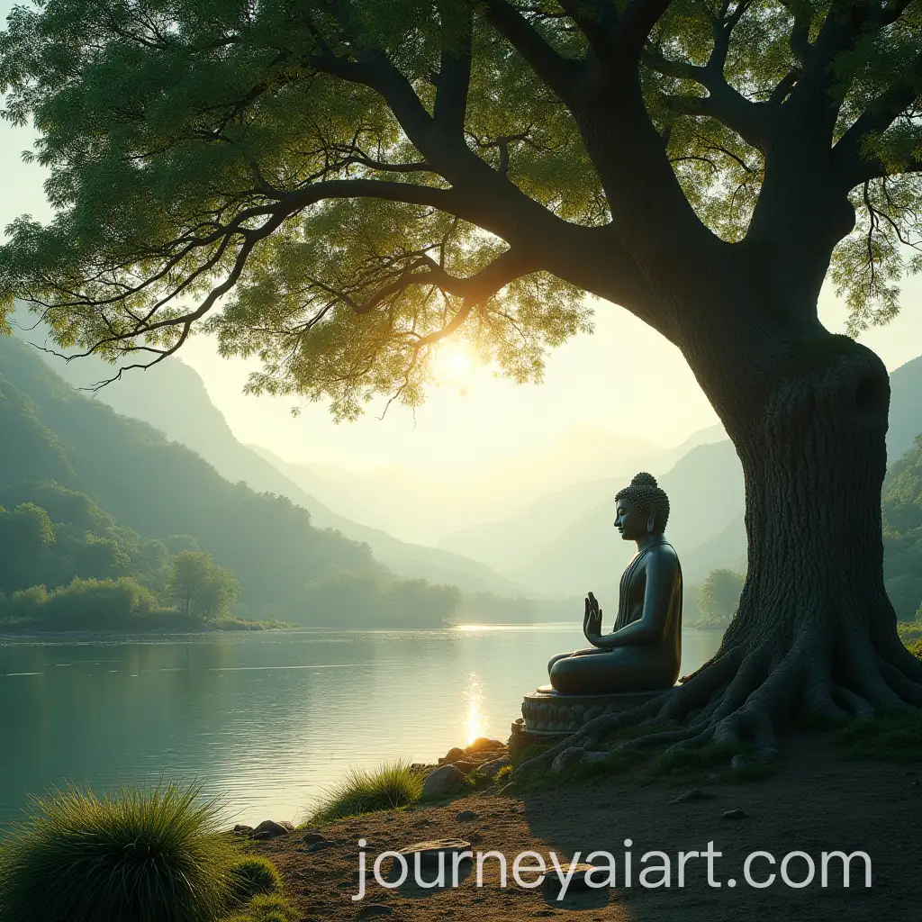 Buddha-Statue-Meditating-Under-Ancient-Bodhi-Tree-by-Tranquil-River