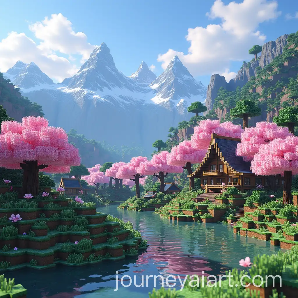 Scenic-Cherry-Blossom-Minecraft-Village-Nestled-in-the-Mountains