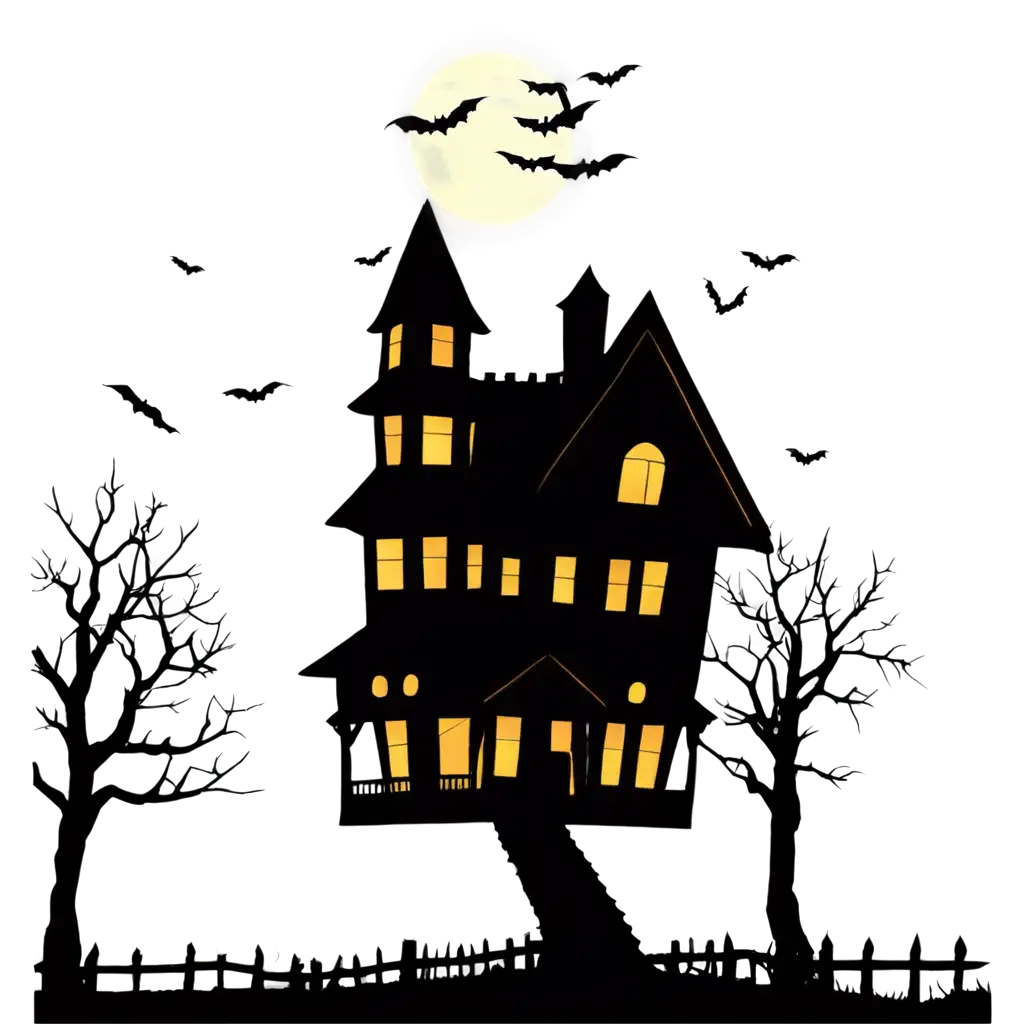 Haunted-House-Silhouette-PNG-Glowing-Windows-and-Bats-for-Spooky-Themes