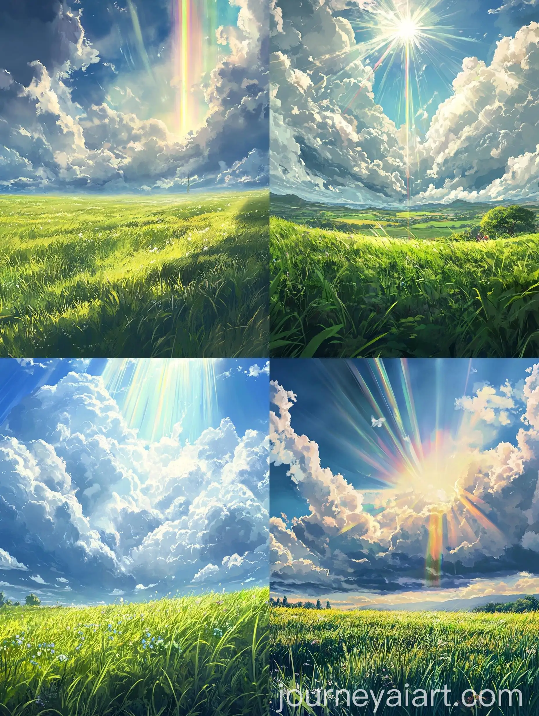 Makoto-Shinkai-Style-Green-Grass-Plain-with-Pillar-of-Clouds-and-Rainbow