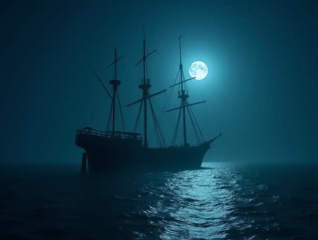 Ghost ship, night sea with moon.