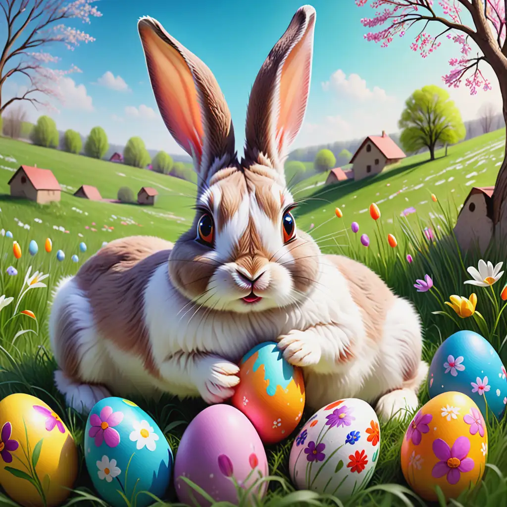 Playful Rabbits Painting Easter Eggs on a Colorful Spring Meadow