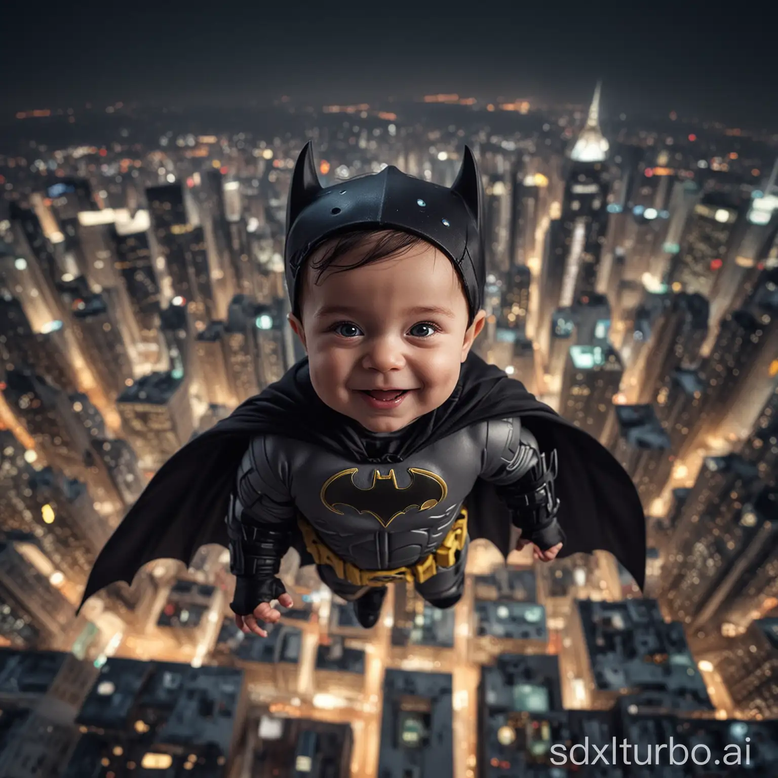 A cute baby, dressed in Batman and smiling happily at the camera on top of tall buildings, is photographed from above with city lights shining behind it. The photo was taken in the style of photographer eerie lighting, colorful photos, and a cinematic feel. It has high resolution, high definition, and a sense of realism. --ar 3:4 --iw 2 --s 750