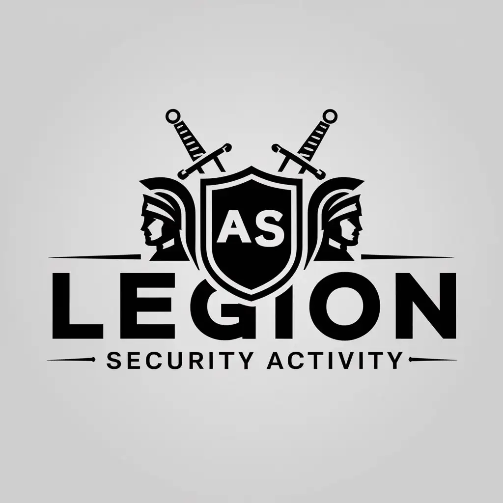 a logo design,with the text "Legion", main symbol:shield and two swords, crossed behind it, two letters A and S on the shield, Roman legionnaire profiles next to the shield, facing opposite directions.,Moderate,be used in Security activity industry,clear background