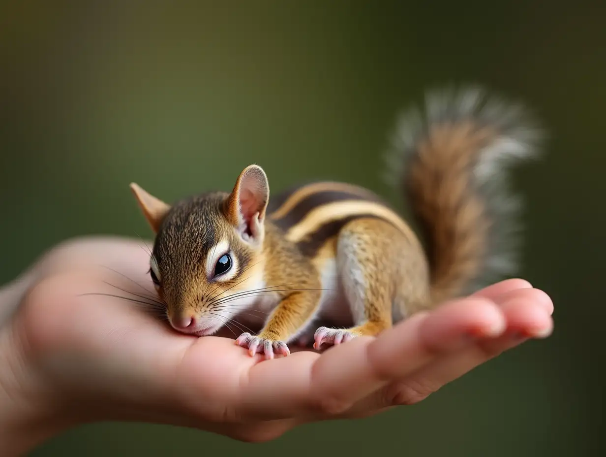 Hyper realistic image of a tiny baby squirrel sleeping on a human palm