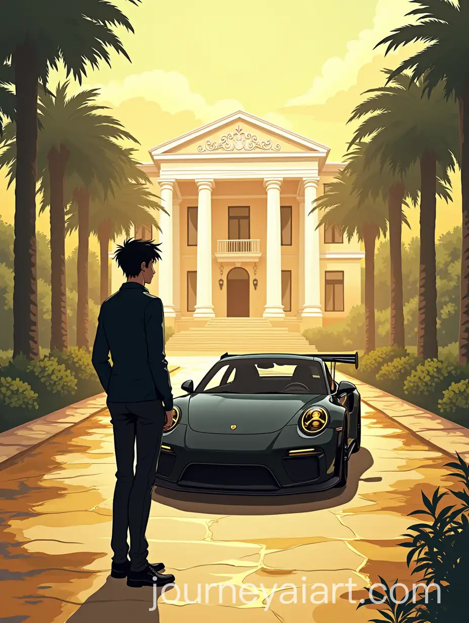Guy-Admiring-Black-Porsche-GT3-RS-on-Luxurious-Gold-Pathway