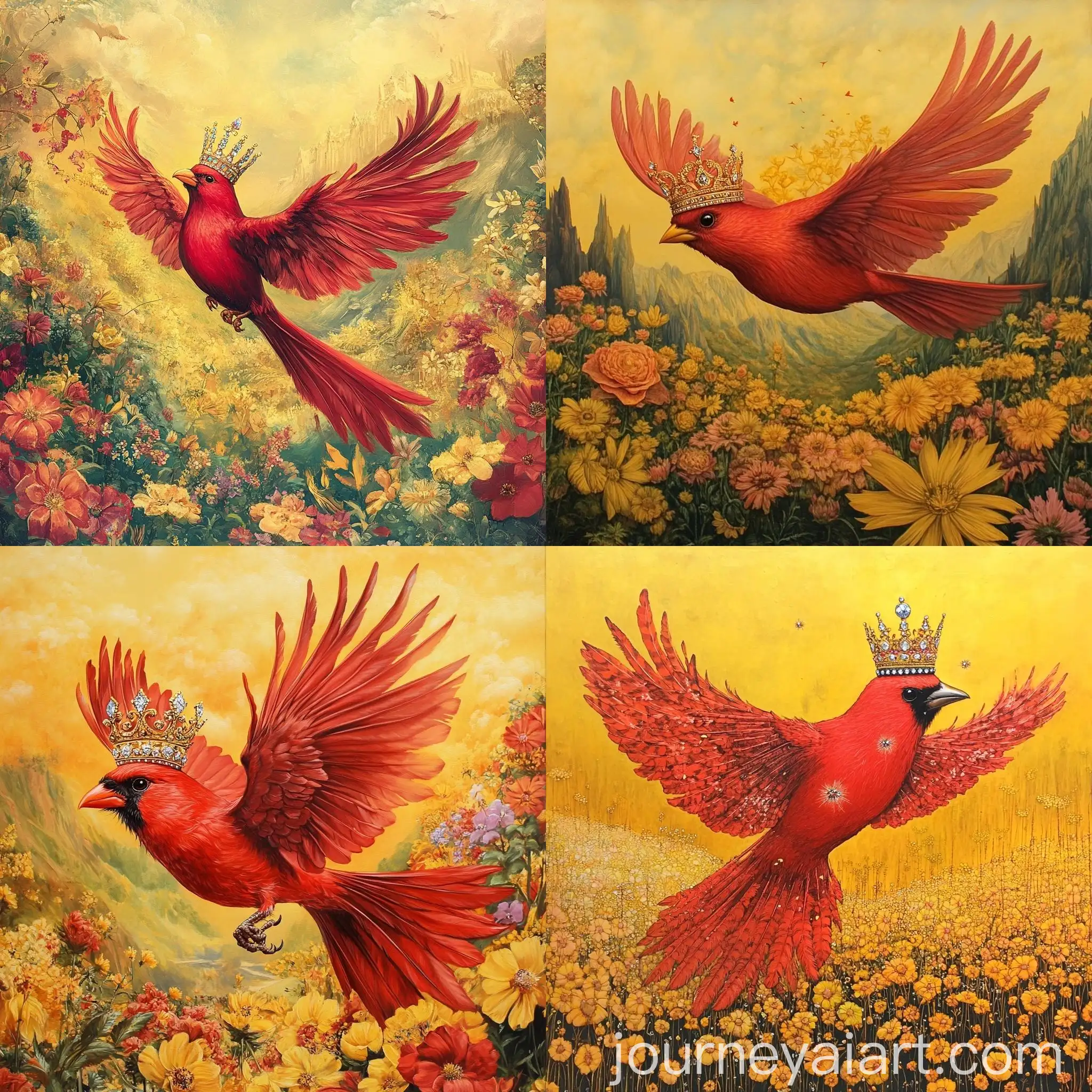 DiamondCrowned-Red-Bird-Flying-in-Yellow-Flower-Valley
