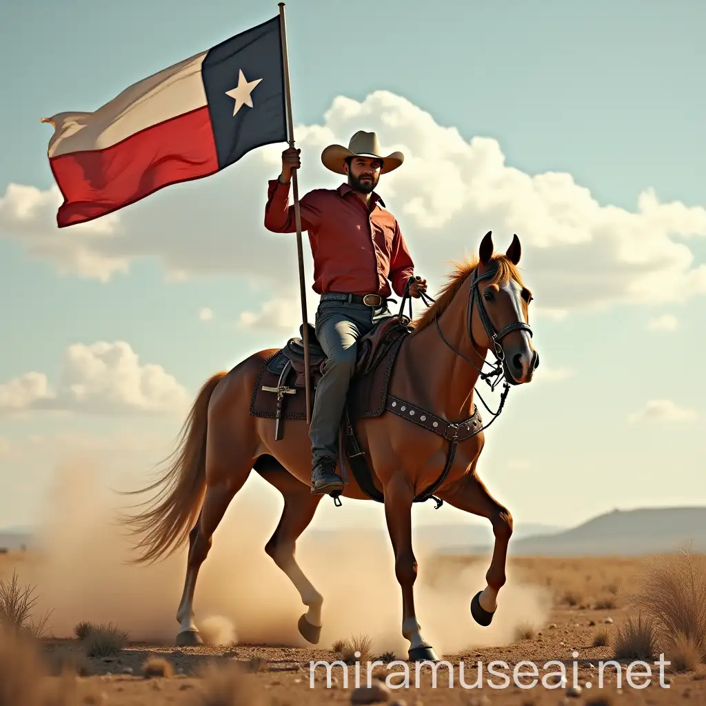 Cowboy Riding Horse Mount with Halberd and Texas Flag