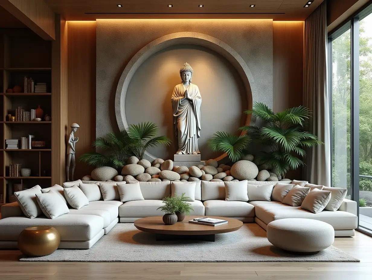 Big, luxurious living room with artistic statue. With artistic picture wall Zen-Garden with carefully maintained rocks, a meditative 180 degree panorama shot 8K resolution Colorful