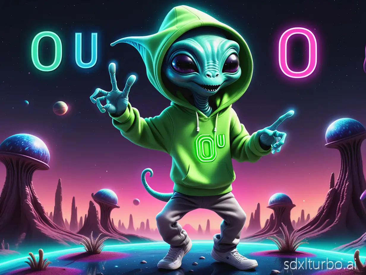 A hyper-realistic happy alien wearing a hoodie with the letters O and U on the front, while dancing on a neon planet with luminous wildlife, and only has 5 fingers on each hand holding a water bottle